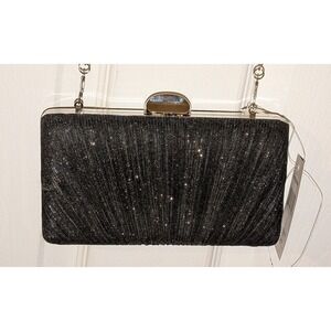 D'margeaux Black Glitter Pleated Evening Clutch Bag Silver Chain YG92281B NEW